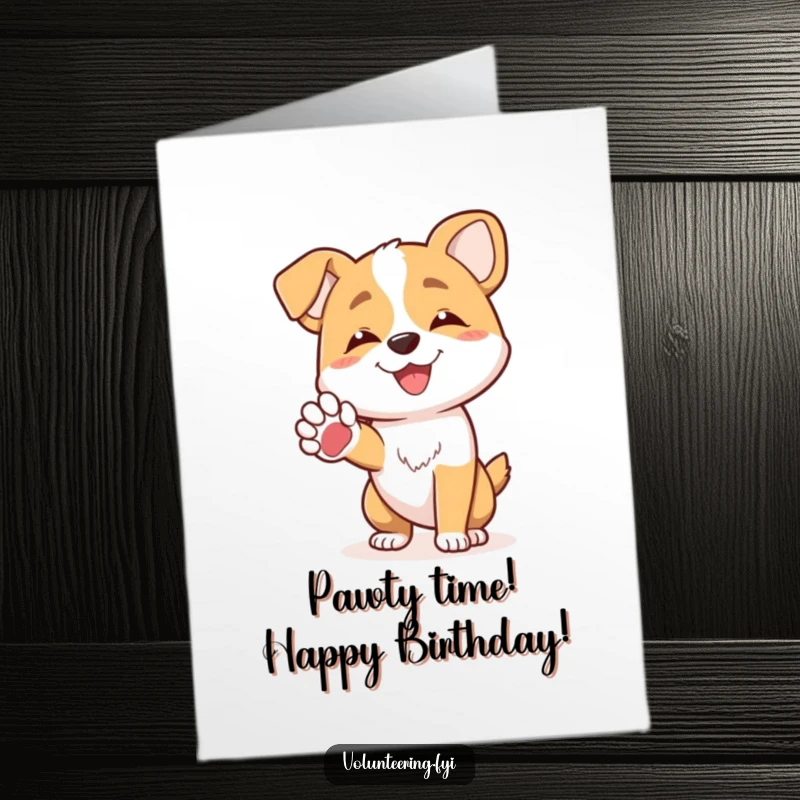 Funny free printable dog birthday card with a joyful dog character offering a friendly paw to another, spreading birthday cheer.