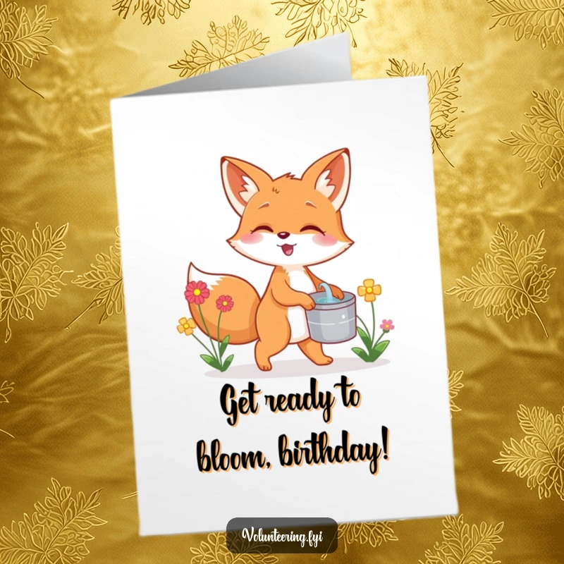 Funny Free Printable Birthday Card: A giggling fox carries water for flowers, a delightful downloadable gift for birthdays.