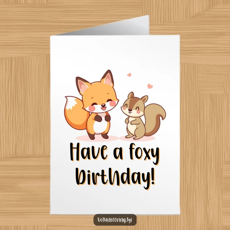 Funny free printable birthday card: cheerful fox guides a lost squirrel, representing friendship and helpfulness.