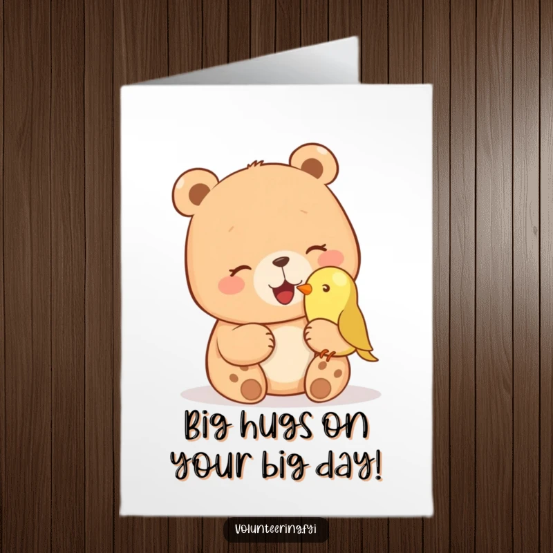 Funny free printable birthday card: a giggling bear gently pets a small bird perched on its nose, adorable friendship.