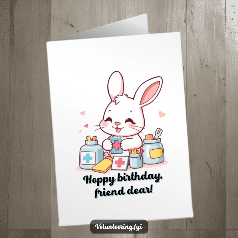 Funny Free Printable Birthday Card: A determined bunny smiles while sorting colorful aid supplies, showing care and diligence.