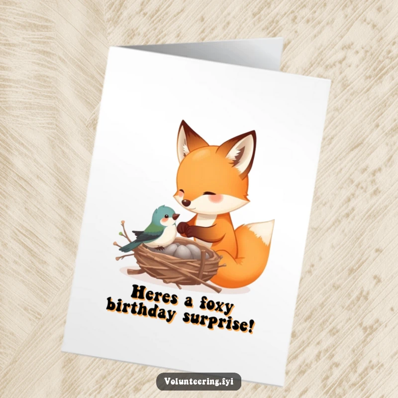 Funny Free Printable Birthday Card: Playful fox helps a tiny bird build a nest with delicate twigs, celebrating friendship.