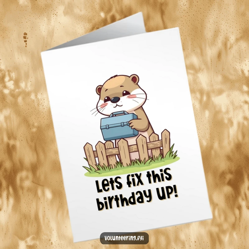 Funny Free Printable Birthday Card: A helpful otter passes a toolbox over a fence, a perfect downloadable gift for birthdays.