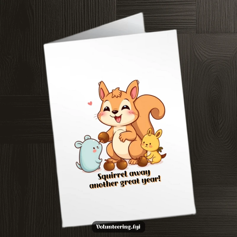 Funny Free Printable Birthday Card: A delighted squirrel happily distributing acorns to a group of forest animals.