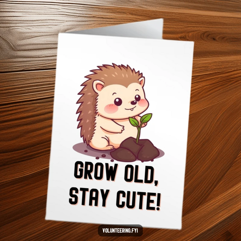 Funny Free Printable Birthday Card: Kawaii hedgehog joyfully plants a tiny seedling, celebrating growth and new beginnings.