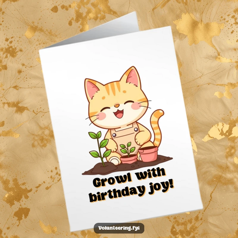 Funny Free Printable Birthday Card: A cheerful cat in an apron smiles brightly while planting a tiny seedling, full of gardening joy.
