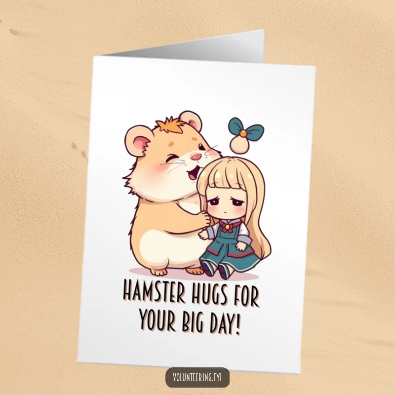 Funny Free Printable Birthday Card: Happy hamster giving a gentle pat to a sad-looking doll, sweet and humorous.
