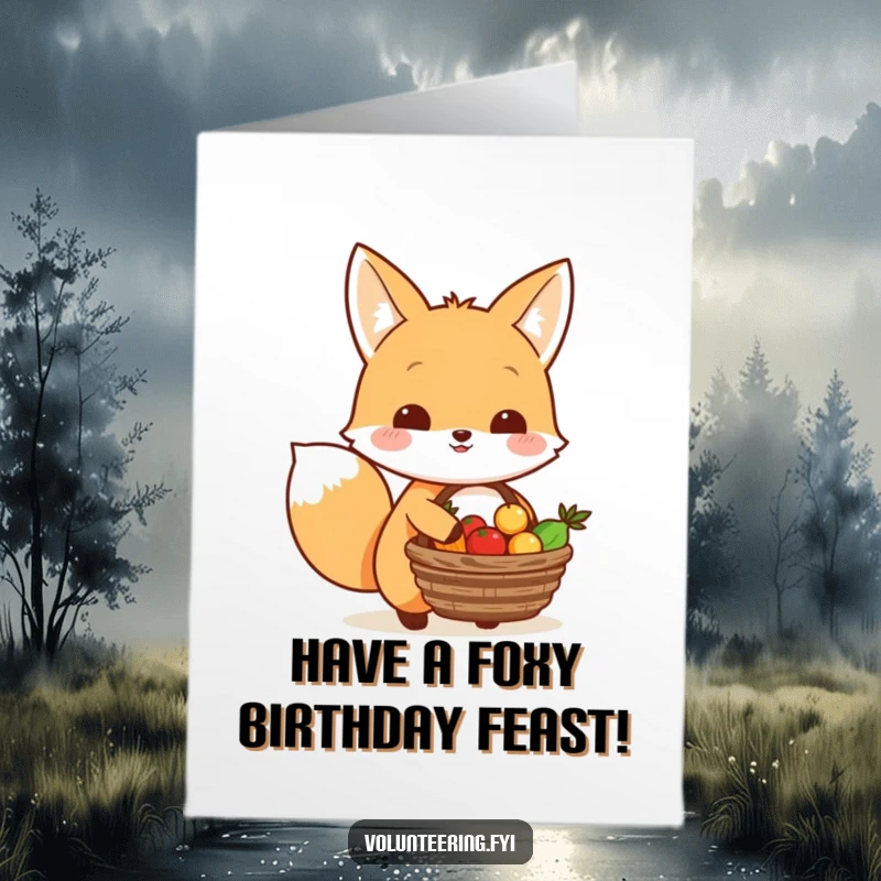 Funny Free Printable Birthday Card: Happy Kawaii fox carrying a basket of food, symbolizing generosity and sharing, a sweet downloadable.