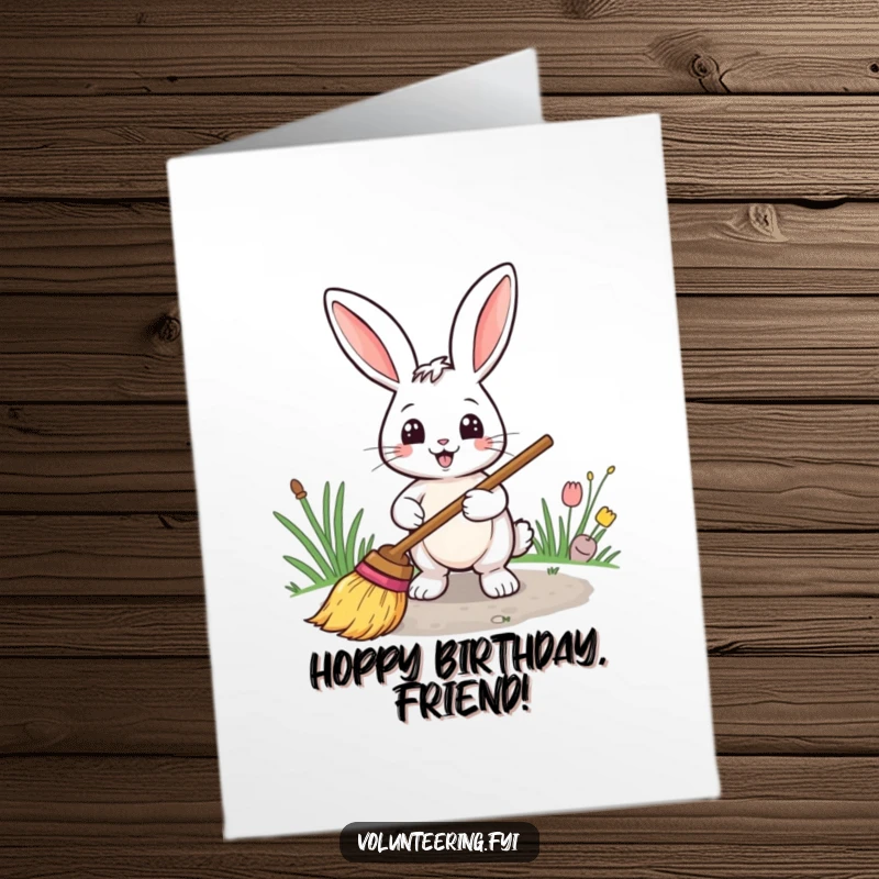 Funny free printable birthday card featuring a smiling rabbit with a broom, diligently sweeping a clear path, symbolizing a fresh start.