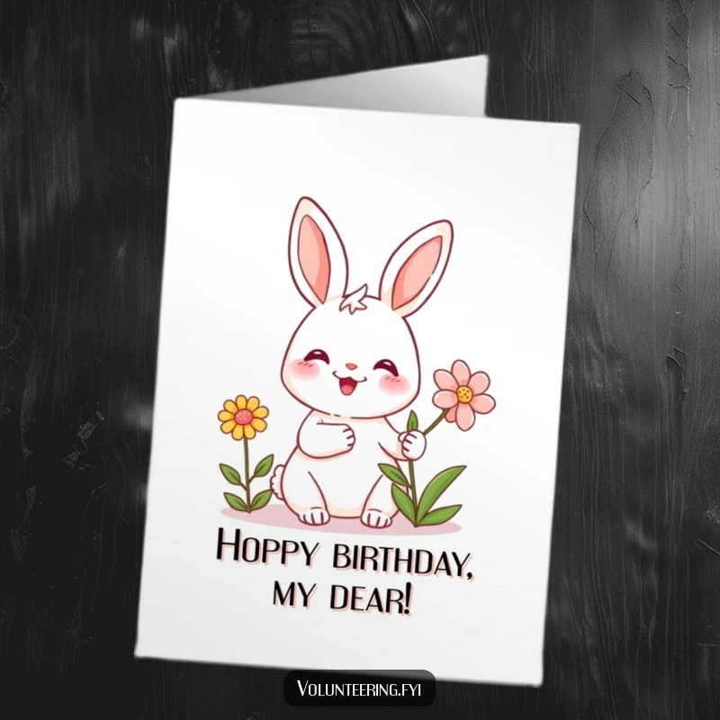 Funny Free Printable Birthday Card: A friendly rabbit smiles warmly, offering a delicate flower.