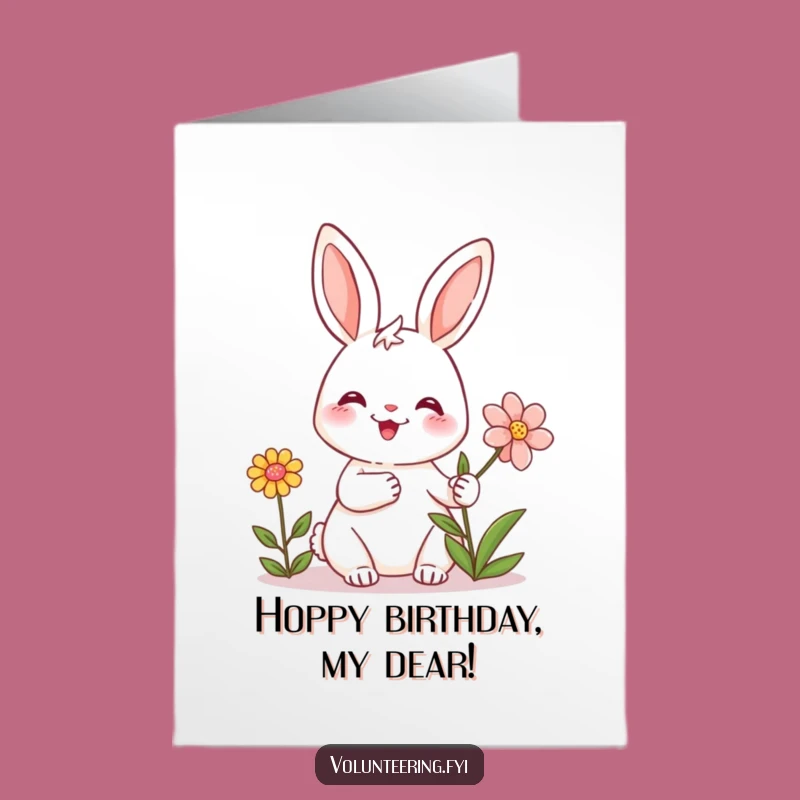 Free Printable Birthday Card: Friendly Rabbit Flower, Downloadable Gift of Joyful Wishes