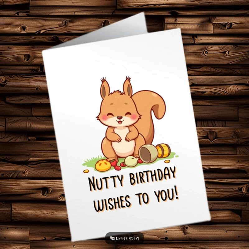 Funny Free Printable Birthday Card: A smiling squirrel diligently tidies up picnic items after a fun feast.