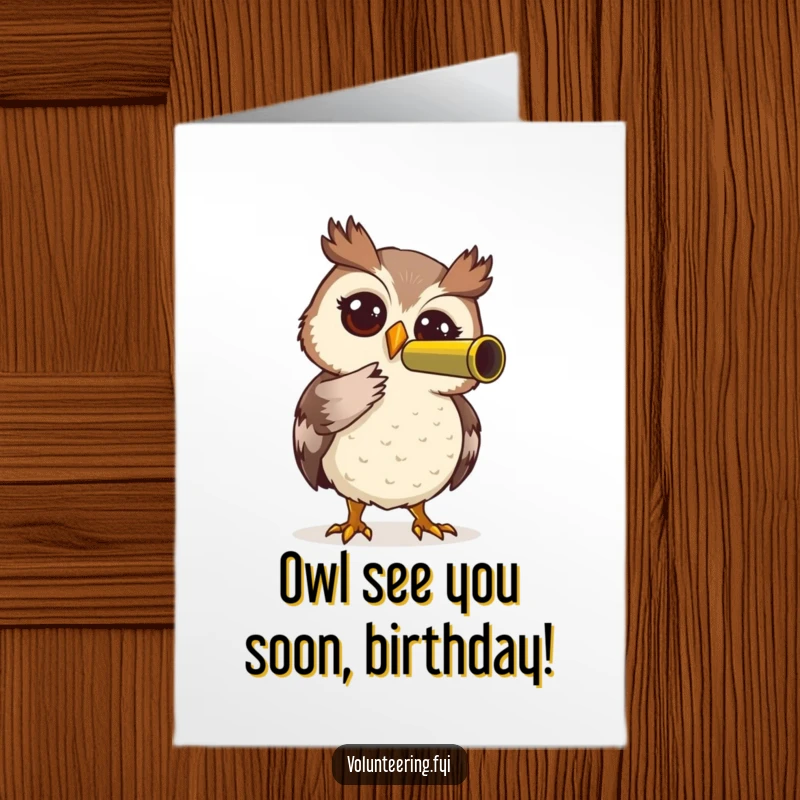 Funny Free Printable Birthday Card: Curious owl with telescope, searching for the perfect birthday wishes, a downloadable gift.