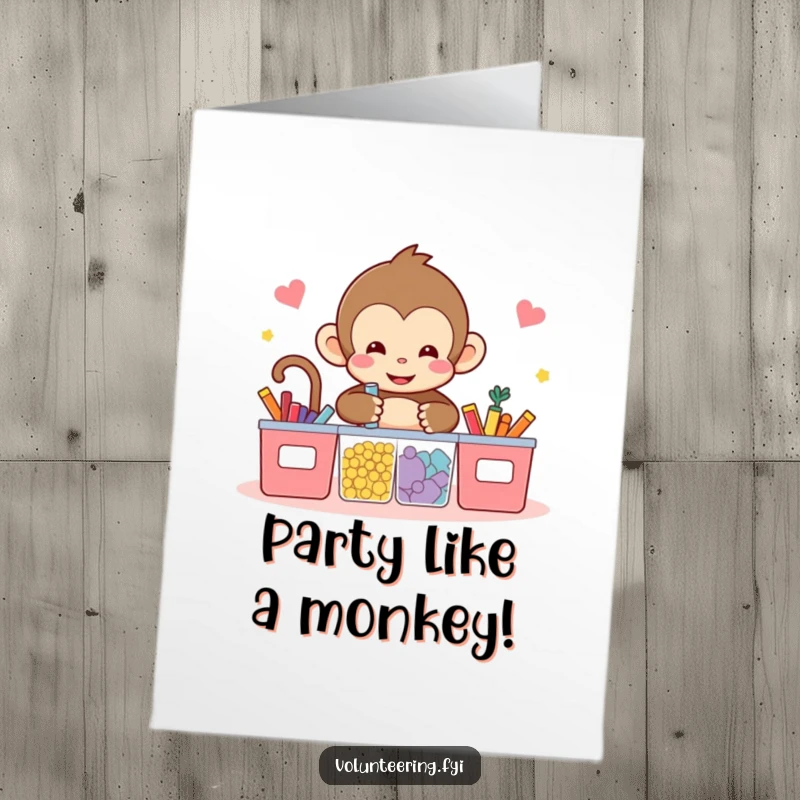 Funny Free Printable Birthday Card: A kawaii monkey happily sorts colorful items into bins, celebrating organization and fun.