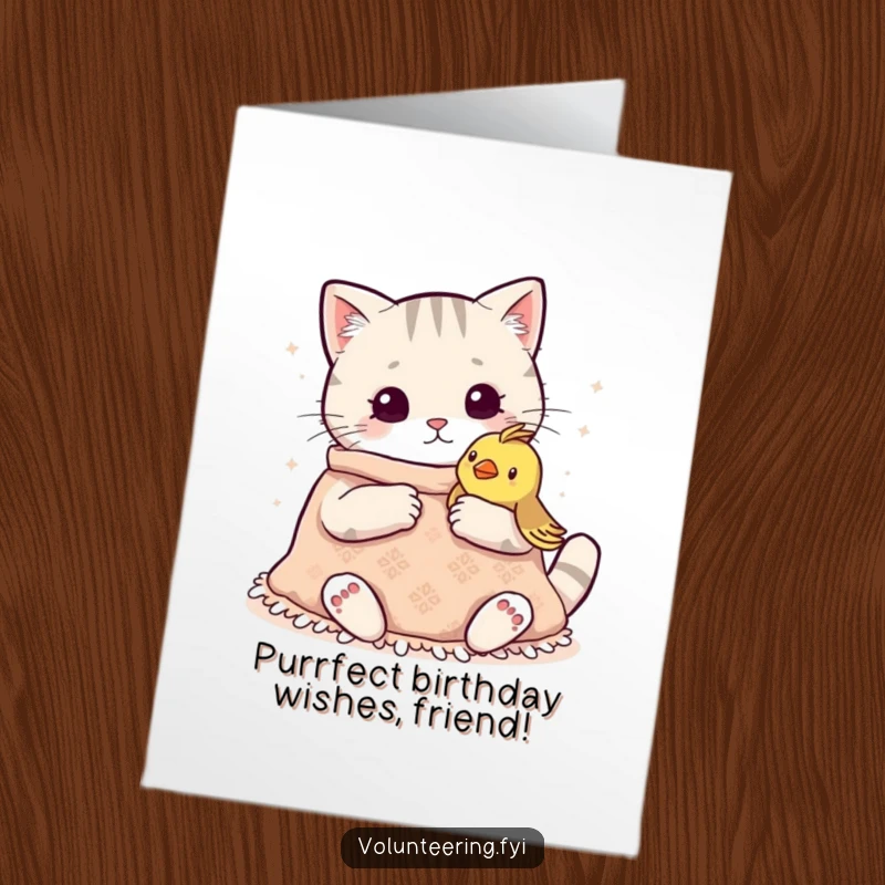 Free Printable Birthday Card: Sweet Kawaii cat knitting a warm blanket for a cold bird, sending birthday warmth.