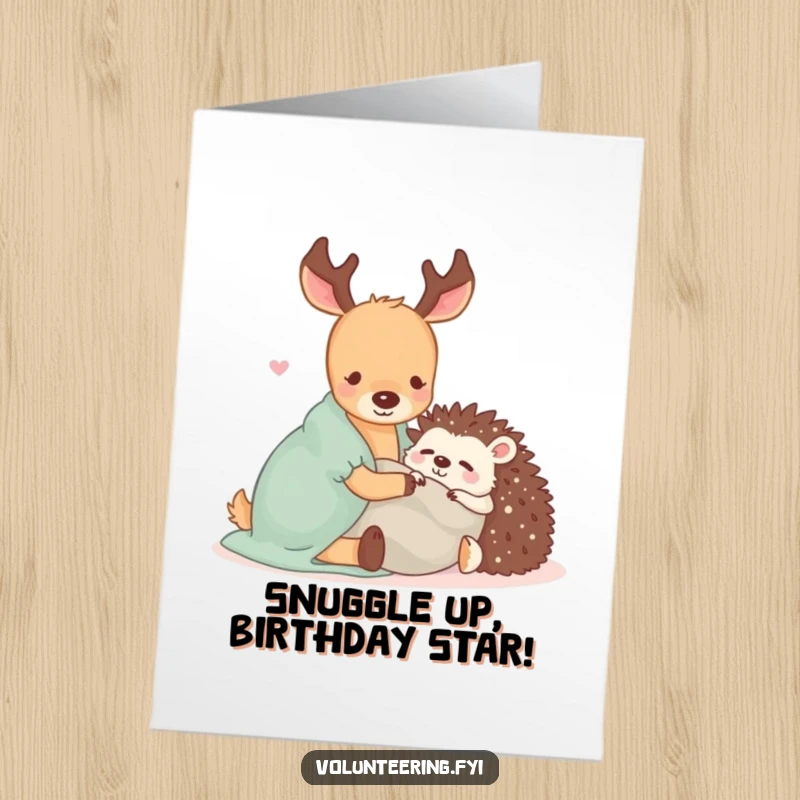 Funny Free Printable Birthday Card: Kawaii deer snuggles sleepy hedgehog under a blanket, sharing warmth and joy.