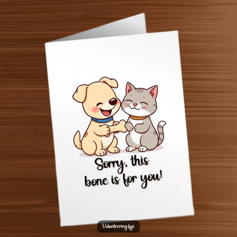 Funny free printable birthday card: happy dog offering bone to a grateful cat, perfect for a pet lover's celebration.