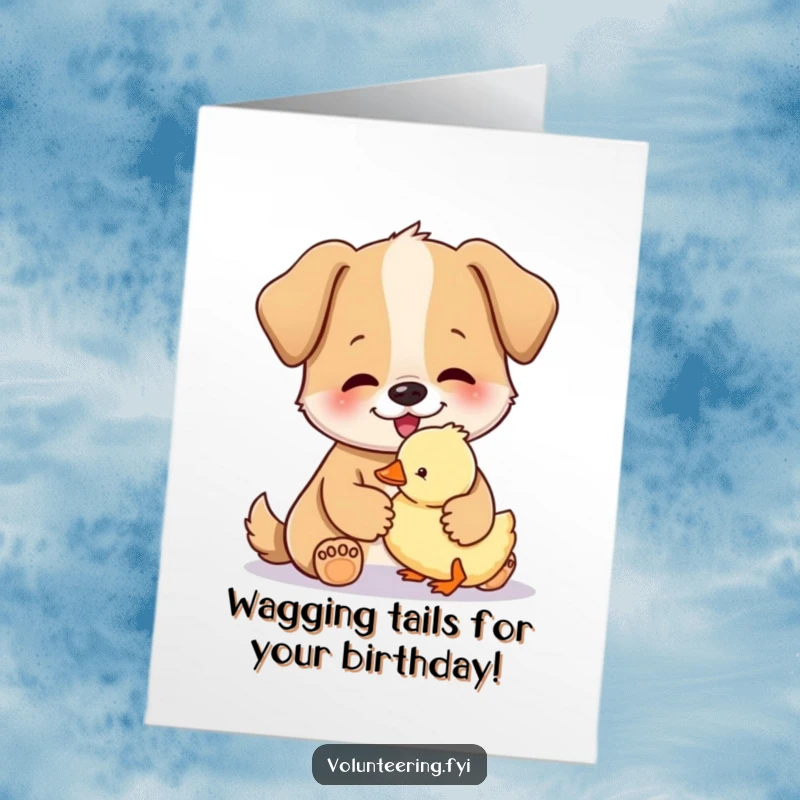 Sweet free printable birthday card showing a happy dog gently petting a small, fluffy duckling, symbolizing kindness.