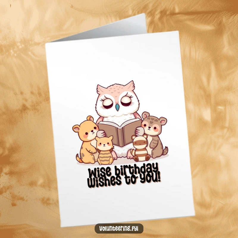 Free Printable Birthday Card: A serene kawaii owl reading a book to attentive animal friends, sharing birthday joy.