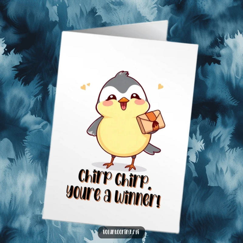 Free Printable Congratulations Card: A happy chickadee carries a small parcel, symbolizing the delivery of wonderful news and achievements.