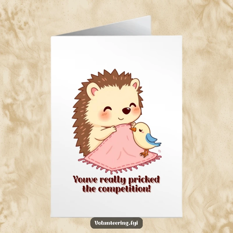 Funny Free Printable Congratulations Card of a happy hedgehog stitching a blanket for a bird, celebrating success.