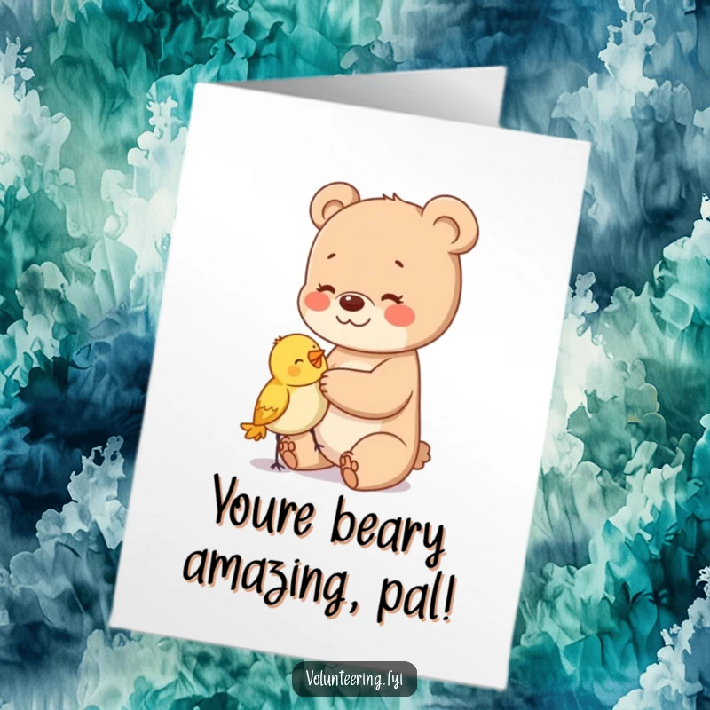 Funny Free Printable Congratulations Card: A happy bear cub offers a gentle pat to a bewildered bird, a heartwarming downloadable gift.