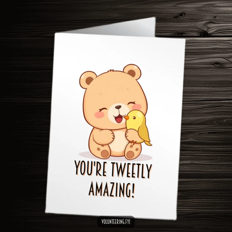 Funny free printable congratulations card: giggling bear petting a small bird on its nose, celebrating gentle moments.