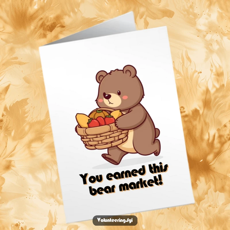 Funny Free Printable Congratulations Card: A determined bear carries a large basket of donated food with purpose, recognizing a noble deed.