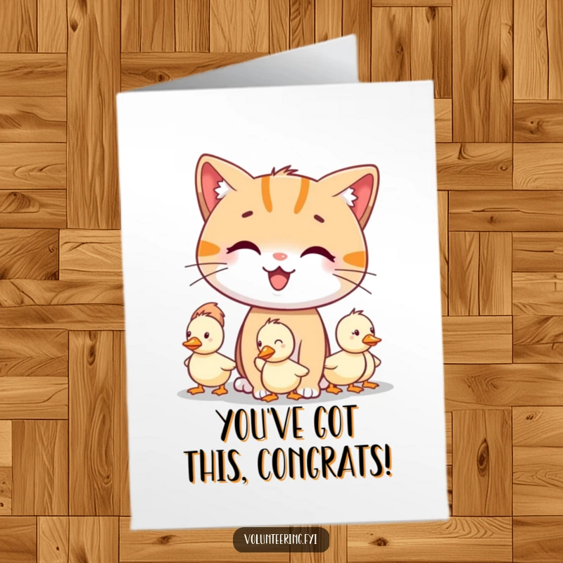 Funny free printable congratulations card featuring a smiling cat character guiding lost little ducklings, celebrating success.