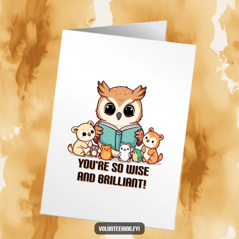 Funny Free Printable Congratulations Card: A curious Kawaii owl reading a book aloud to a group of captivated young animals.