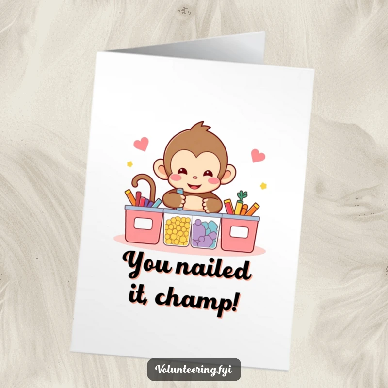 Funny Free Printable Congrats Card: A kawaii monkey meticulously sorts colorful objects into correct bins, signifying order and success.