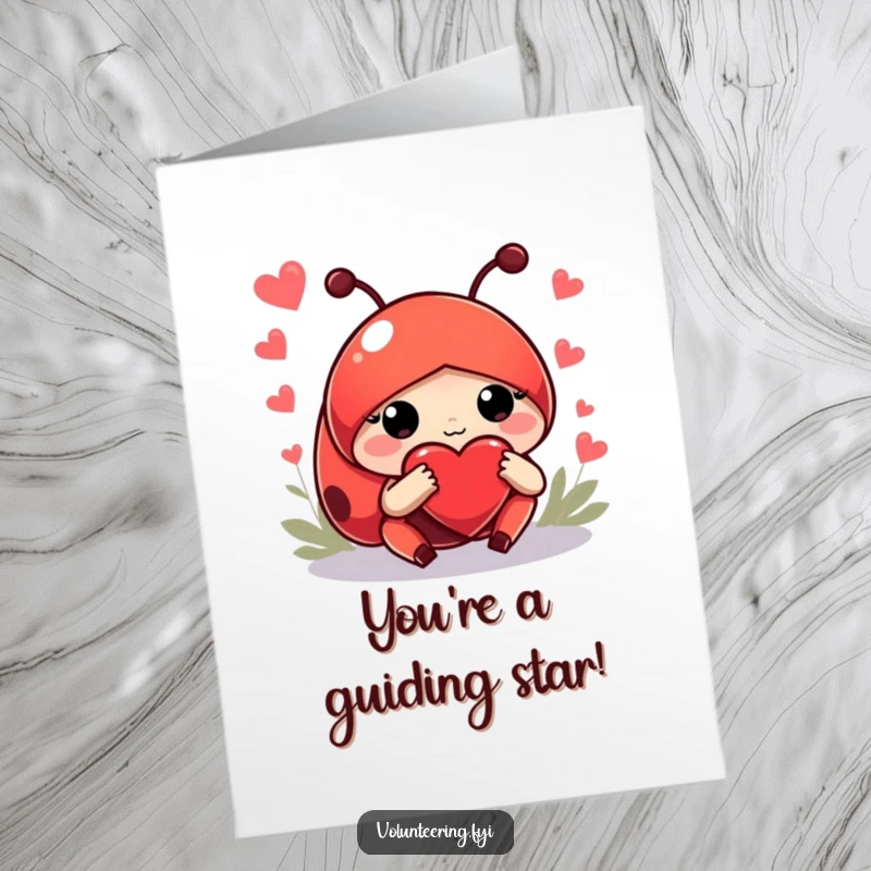 Funny Free Printable Congrats Card: A red ladybug with a large heart guides lost newcomers with a gentle paw, celebrating direction.