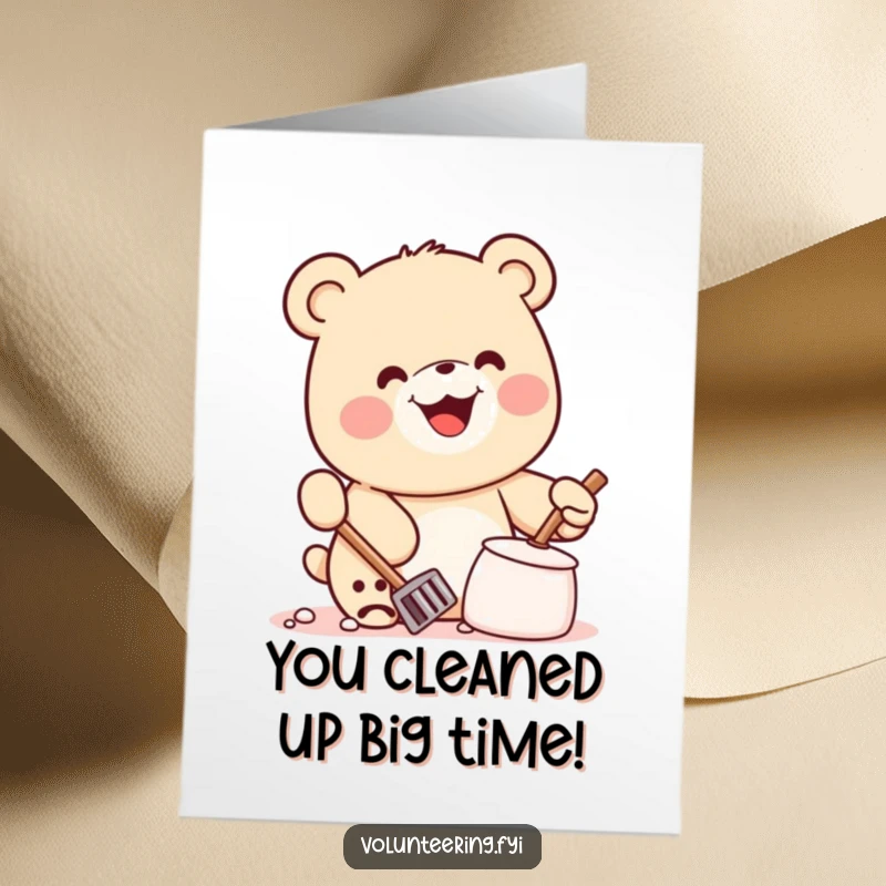 Funny Free Printable Congrats Card: Enthusiastic Kawaii bear tidying up with a massive smile, celebrating your win.