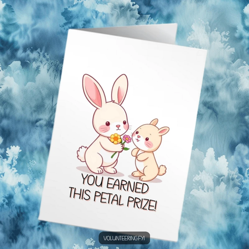 Funny Free Printable Congrats Card: Kawaii bunny rabbit giving a flower, conveying sweet congratulations, a delightful downloadable.