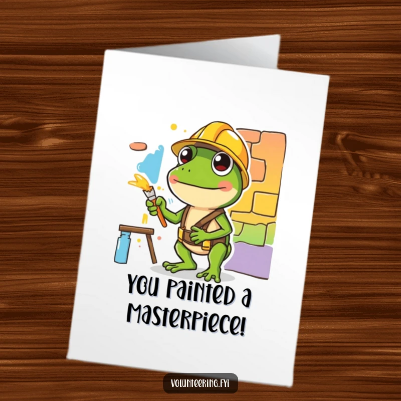 Funny Free Printable Congrats Card: A green frog in a hard hat carefully paints a colorful mural section, celebrating achievement.