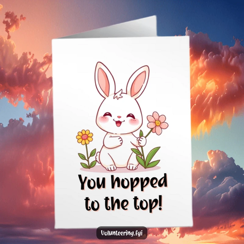 Funny Free Printable Congrats Card: A rabbit cheerfully offers a flower as a symbol of congratulations.