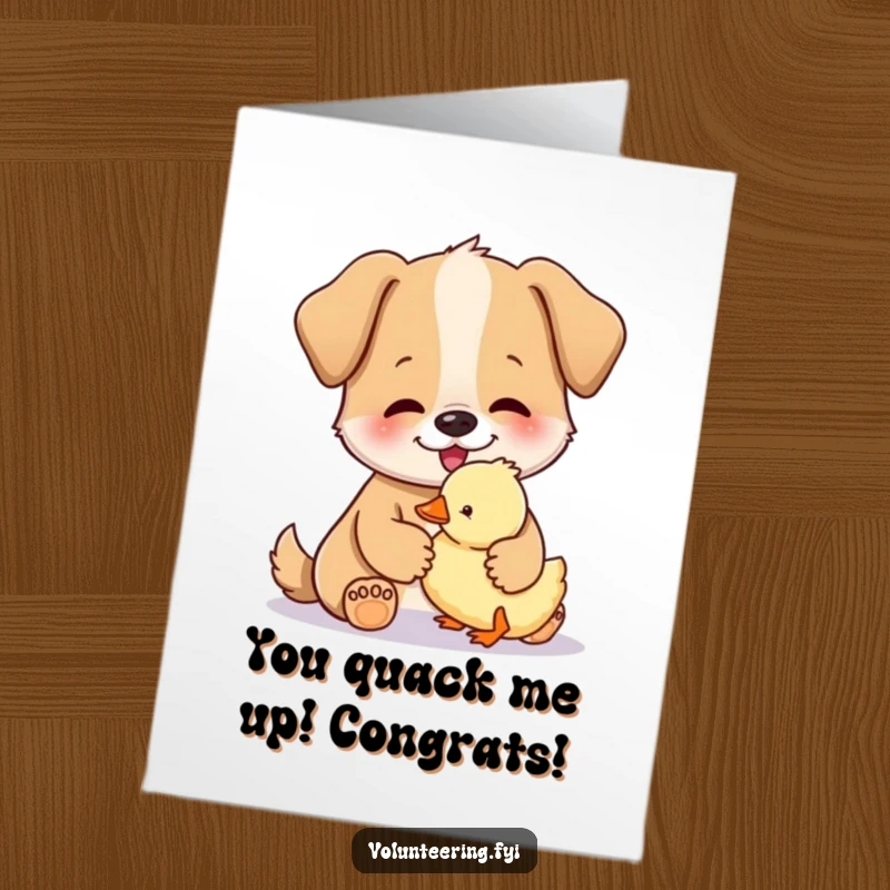 Heartwarming free printable congratulations card featuring a happy dog gently petting a fluffy duckling, signifying care and new paths.