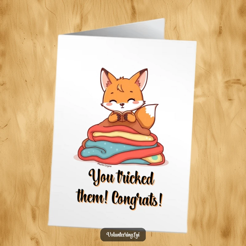 Funny Free Printable Fox Congratulations Card: A playful fox neatly arranges blankets, symbolizing comfort and success after hard work.