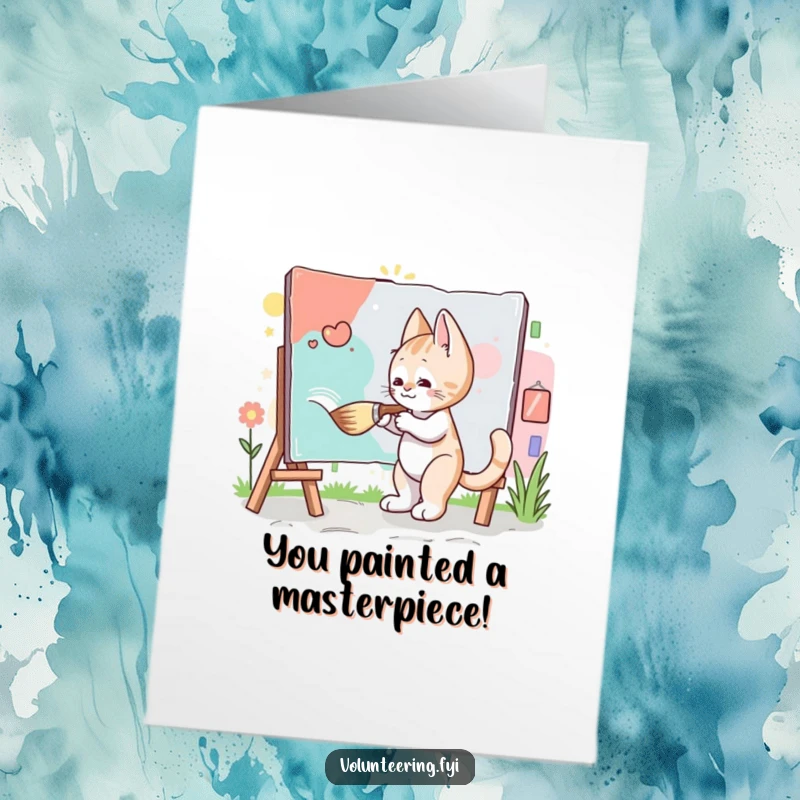 Funny Free Printable Congrats Card: Diligent kitten paints a community mural with a giant brush, marking success.