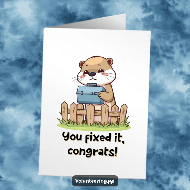 Funny Free Printable Congratulations Card: A helpful otter offers a toolbox, a symbol of accomplishment, a great downloadable gift.