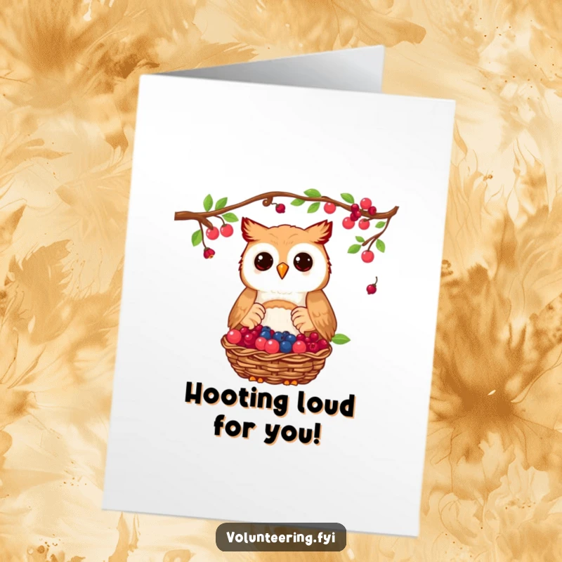 Funny Free Printable Congratulations Card: A proud owl generously donates a basket of collected berries, symbolizing abundance.