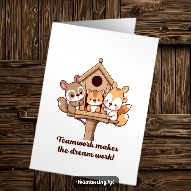 Funny Free Printable Congrats Card: Diverse animal friends high-fiving after building a birdhouse, symbolizing shared success and happy moments.