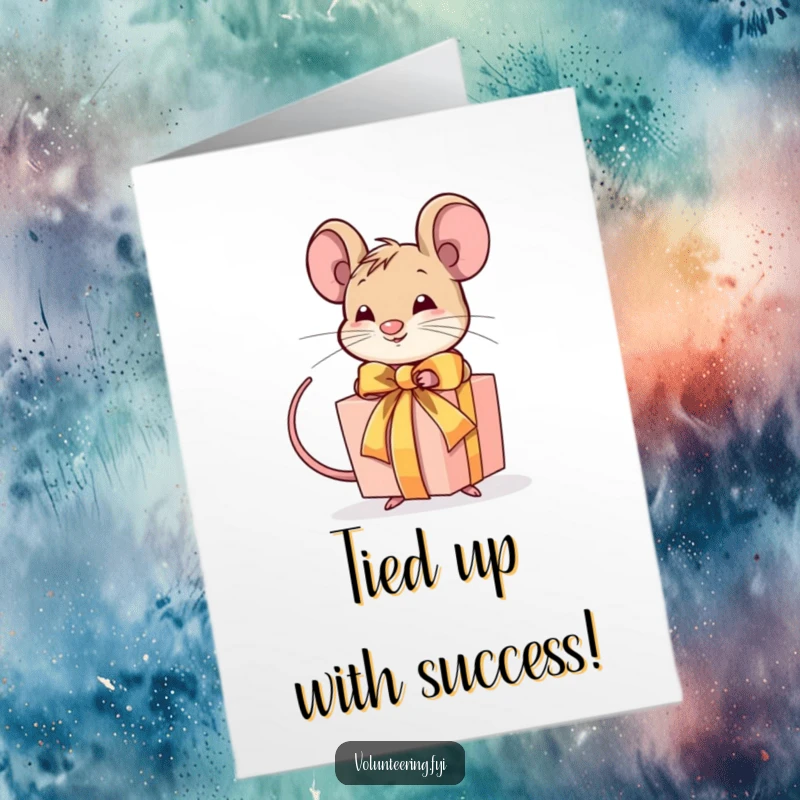 Funny Free Printable Congrats Card: A determined mouse expertly finishes a gift with a ribbon.