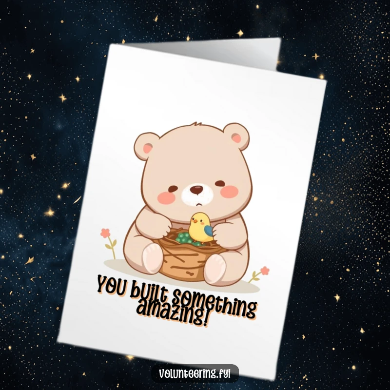 Funny Free Printable Congrats Card shows a playful bear assisting a tiny bird in constructing a cozy nest, symbolizing new homes.