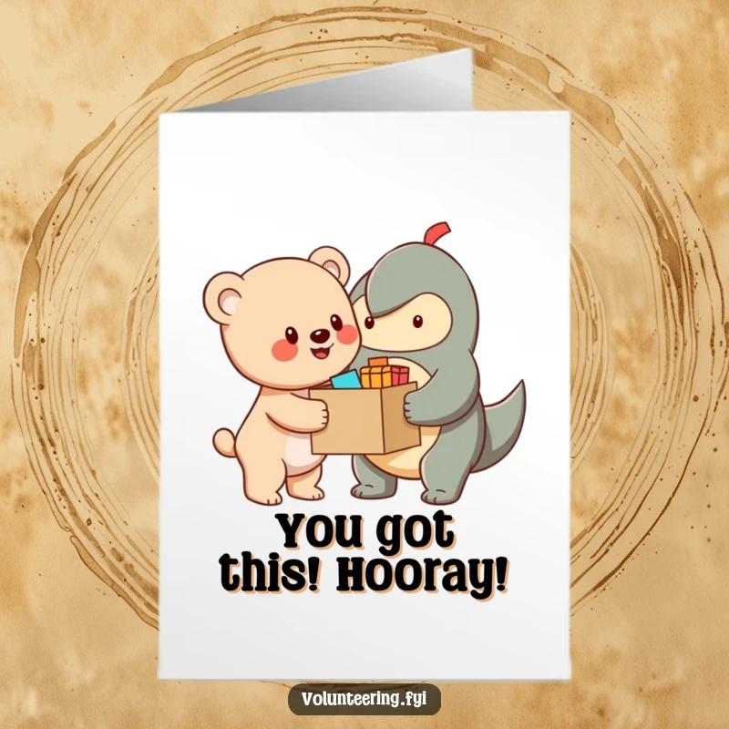 Funny Free Printable Bear Cub Congratulations Card: A helpful cub hands over a box of supplies, symbolizing support and achievement.