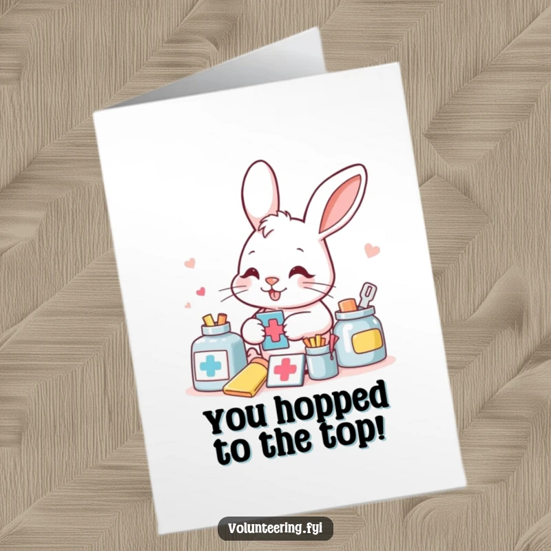 Funny Free Printable Congrats Card: A smiling bunny meticulously sorts colorful aid supplies with determination, celebrating helpfulness.