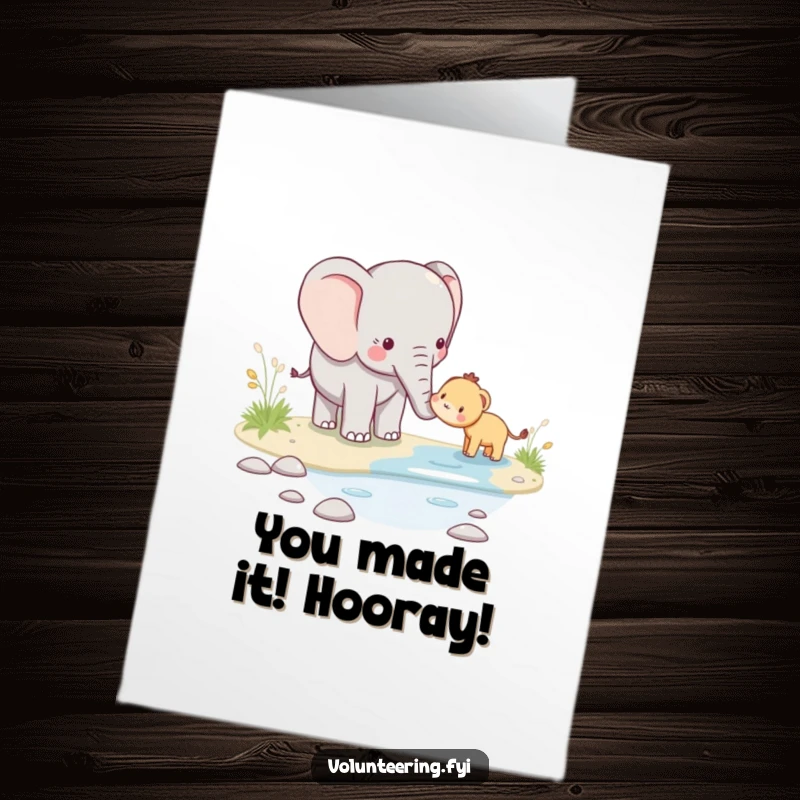 Funny Free Printable Congrats Card: A gentle kawaii elephant leads a smaller creature across a stream, signifying guidance and achievement.