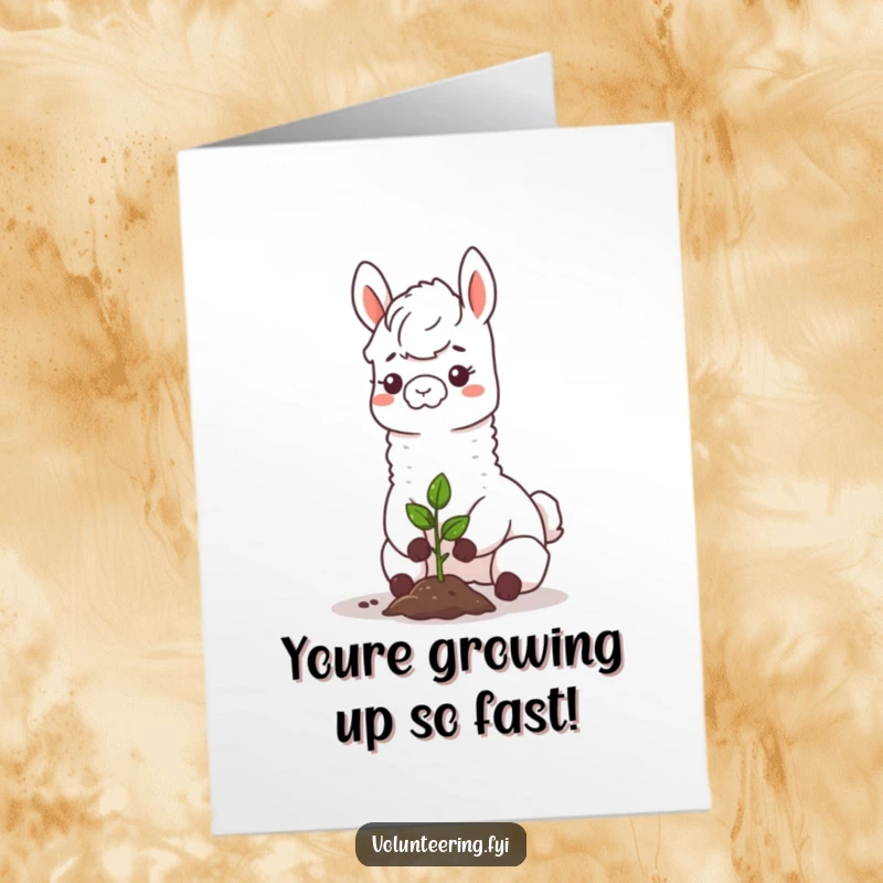 Funny Free Printable Congratulations Card: Cheerful llama carefully planting a sapling, symbolizing growth and new beginnings in a humorous way.