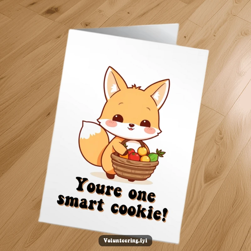 Funny Free Printable Congrats Card: Kawaii fox carrying food, a symbol of sharing and kindness, ready to print.