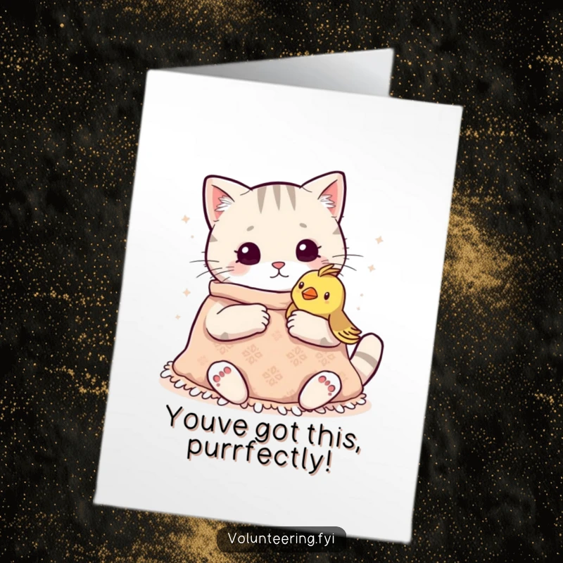 Free Printable Congrats Card: Kind Kawaii cat knitting a cozy blanket, celebrating your big achievement with warmth.